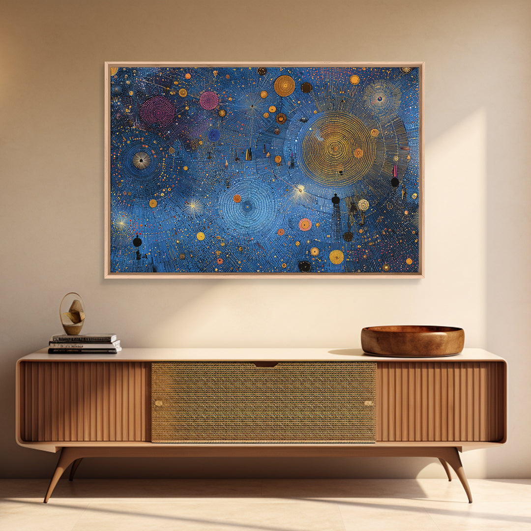 Blue Celestial Dot Pattern Canvas Print, Abstract African Art, Cosmic Tribal Wall Decor, Modern Cultural Home Decor Accent