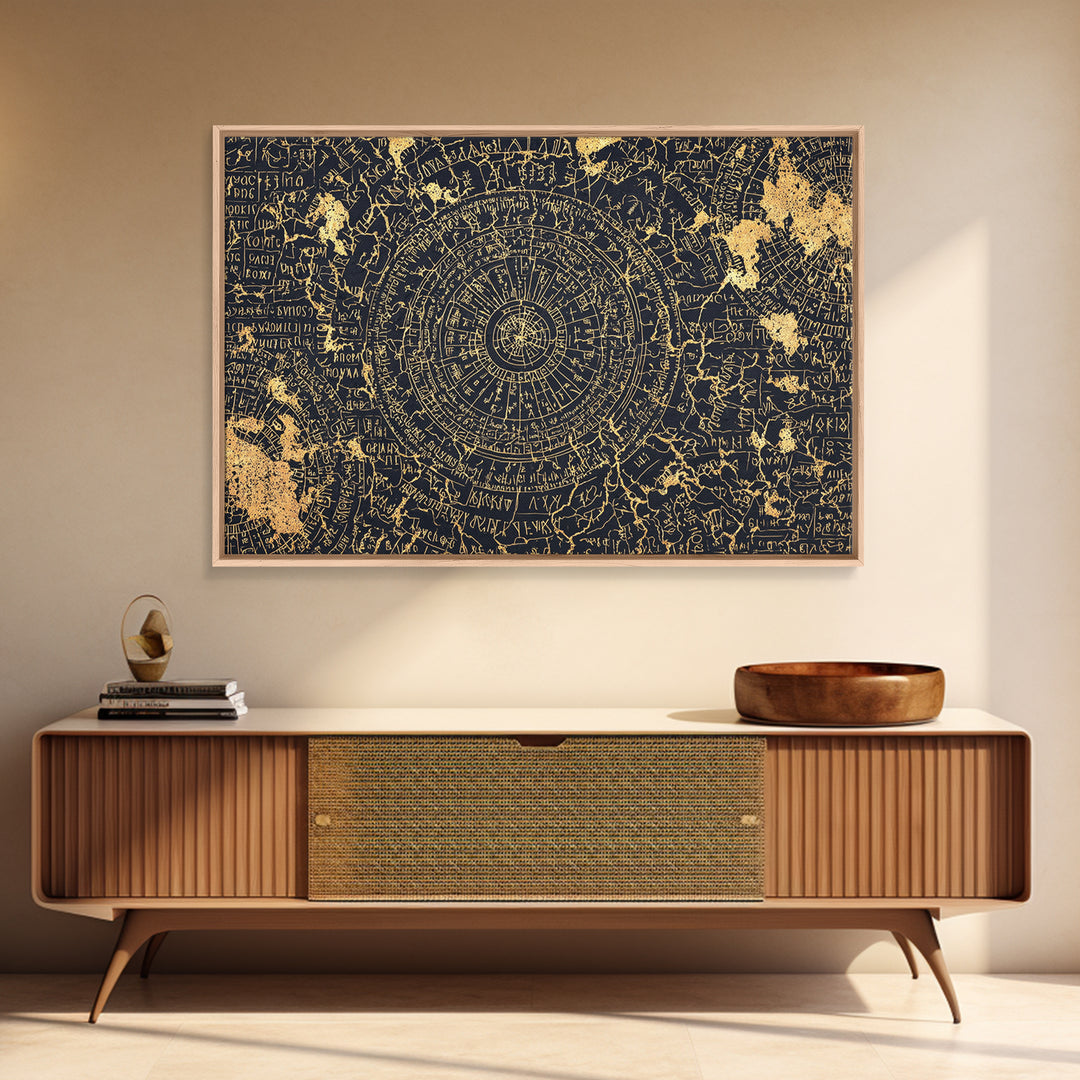 Gold Circular Ancient Map Wall Art, African Inspired Abstract Pattern, Tribal Astronomy Decor, Luxury Black Canvas Print