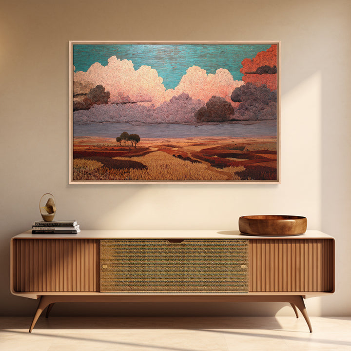Dreamy African Savanna Landscape Canvas Print, Pink Cloud Sunset Wall Decor, Earth Tone Nature Scene Art For Living Room Gift