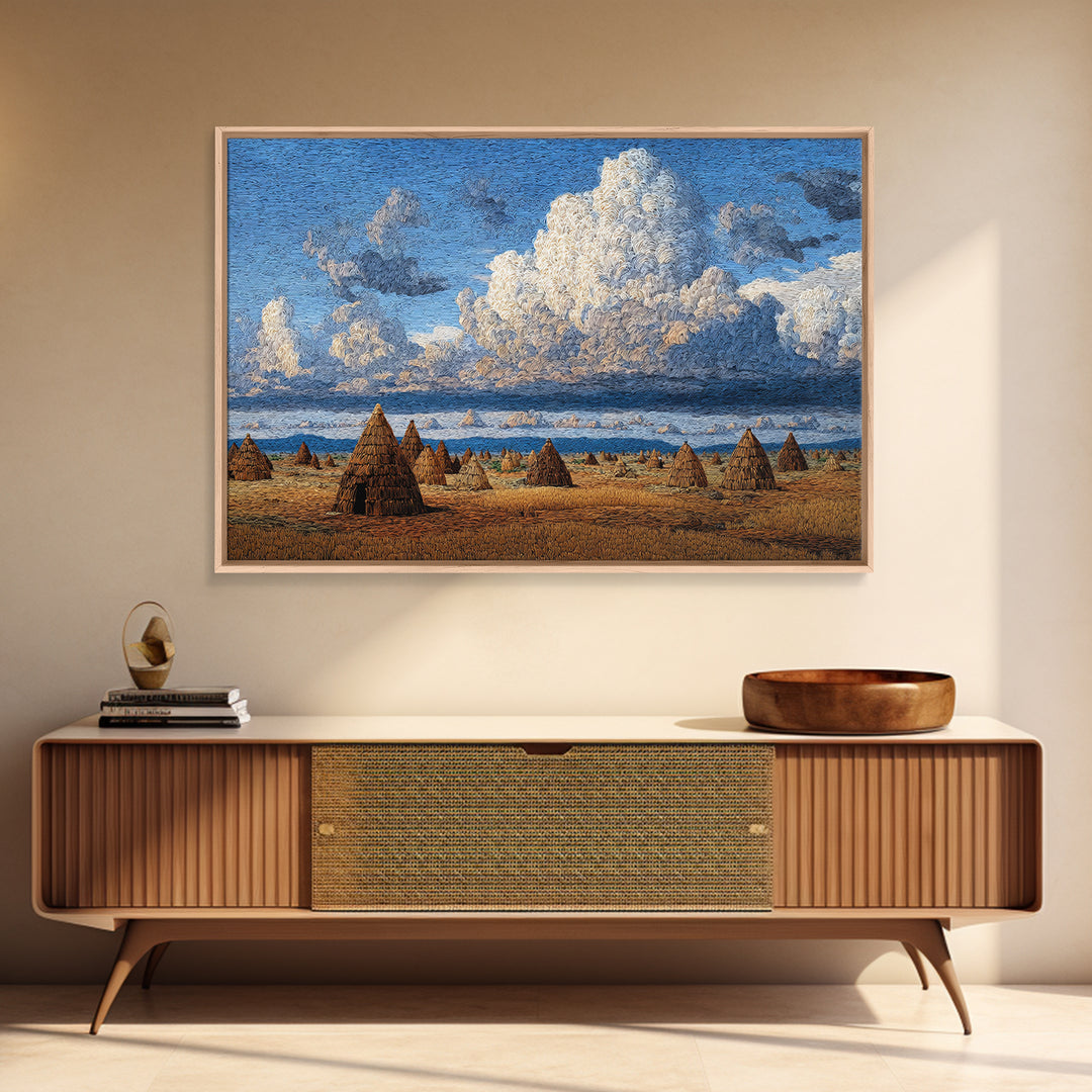 Coastal African Village Huts Wall Art, Blue Sky Landscape Painting, Cultural Safari Decor, Rustic Home Canvas Print Gift