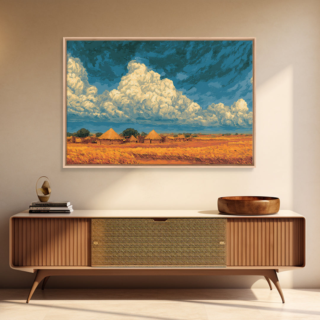 Golden African Village Landscape Framed Canvas Print, Dramatic Cloud Wall Decor, Safari Art For Warm Boho Home Decor Gift