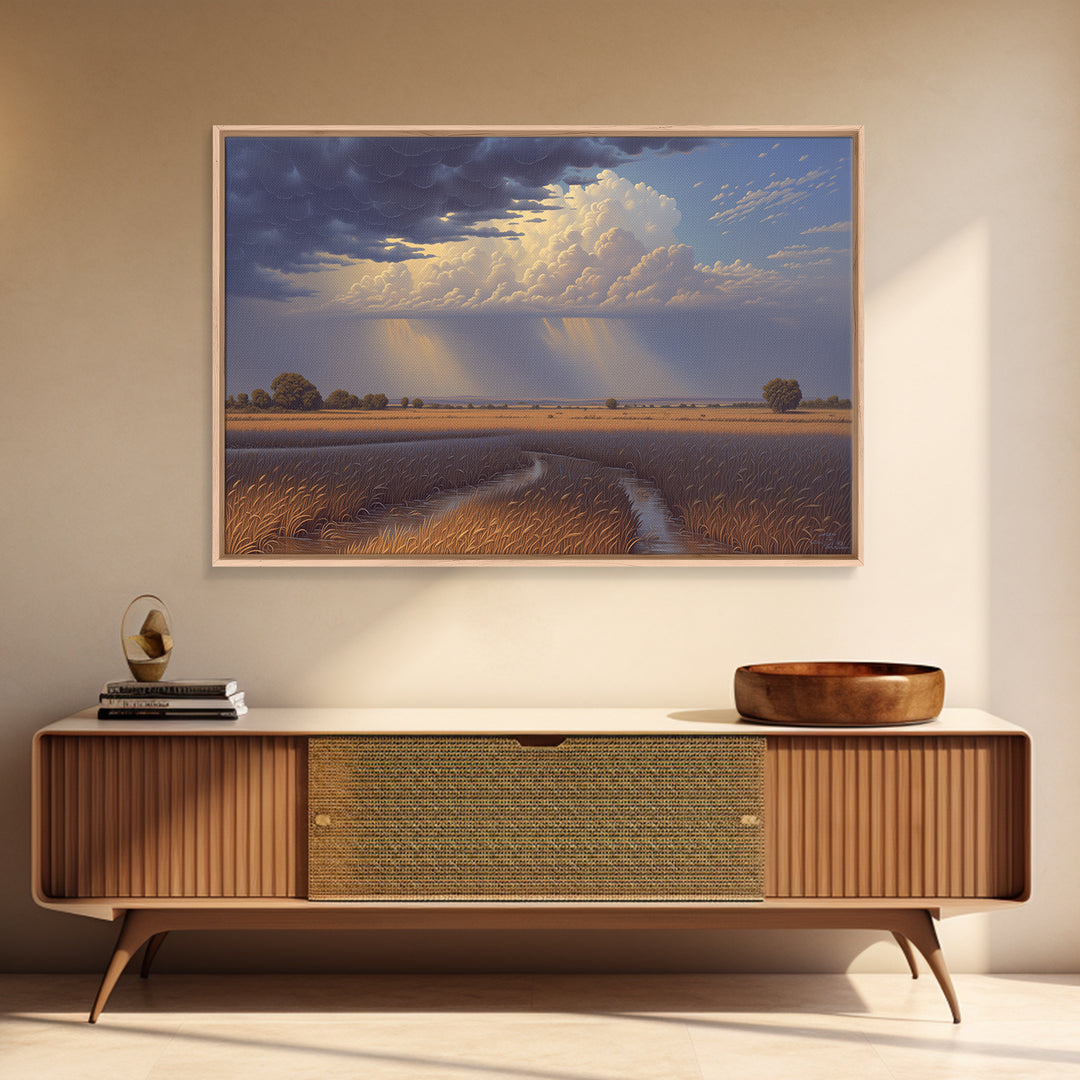 Golden Wetland Storm Over African Savanna Wall Art, Dramatic Landscape Canvas Print, Safari Decor, Earth Tone Home Decor