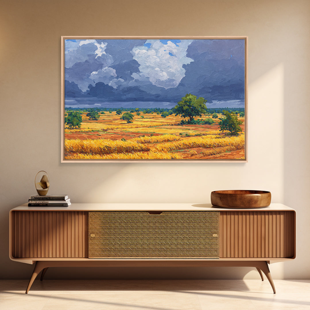Golden African Plains Under Storm Clouds Canvas Print, Savanna Landscape Wall Art, Safari Decor, Modern Home Decor Gift For Him