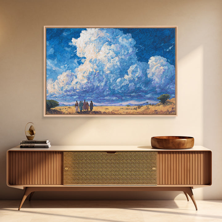 Maasai Figures Beneath Towering Blue Clouds Wall Art, African Landscape Canvas Print, Cultural Art, Living Room Decor Gift
