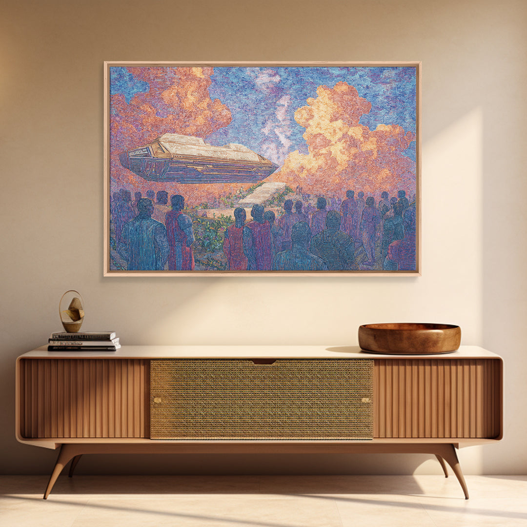 Afrofuturist Airship Above African Crowd Wall Art, Sci Fi Canvas Print, Black Culture Art, Bold Home Decor, Unique Gift For Him