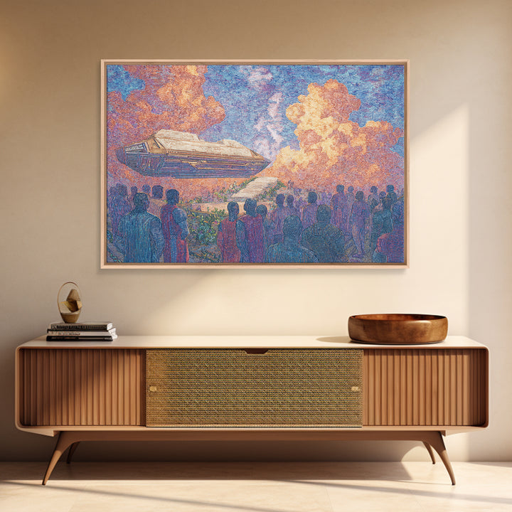 Afrofuturist Airship Above African Crowd Wall Art, Sci Fi Canvas Print, Black Culture Art, Bold Home Decor, Unique Gift For Him