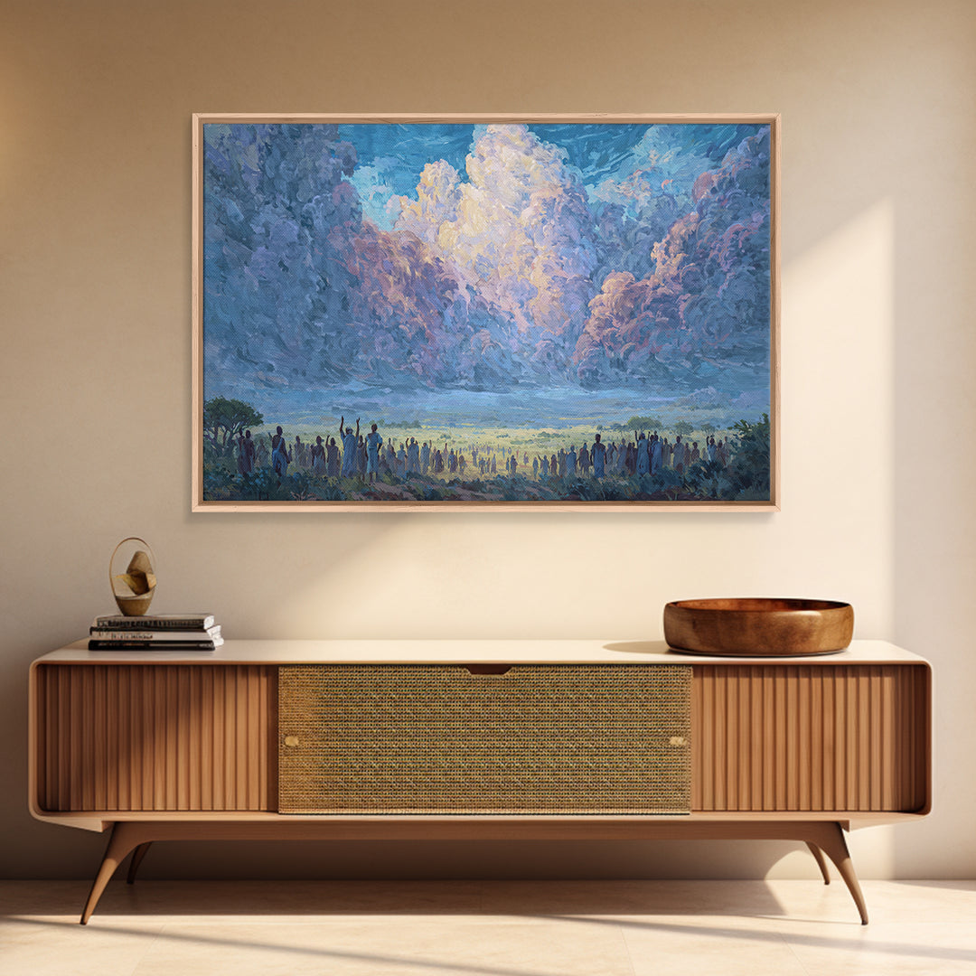Blue Dawn Clouds Over African Gathering Wall Art, Modern African Art Canvas Print, Cultural Wall Decor, Meaningful Gift For Her