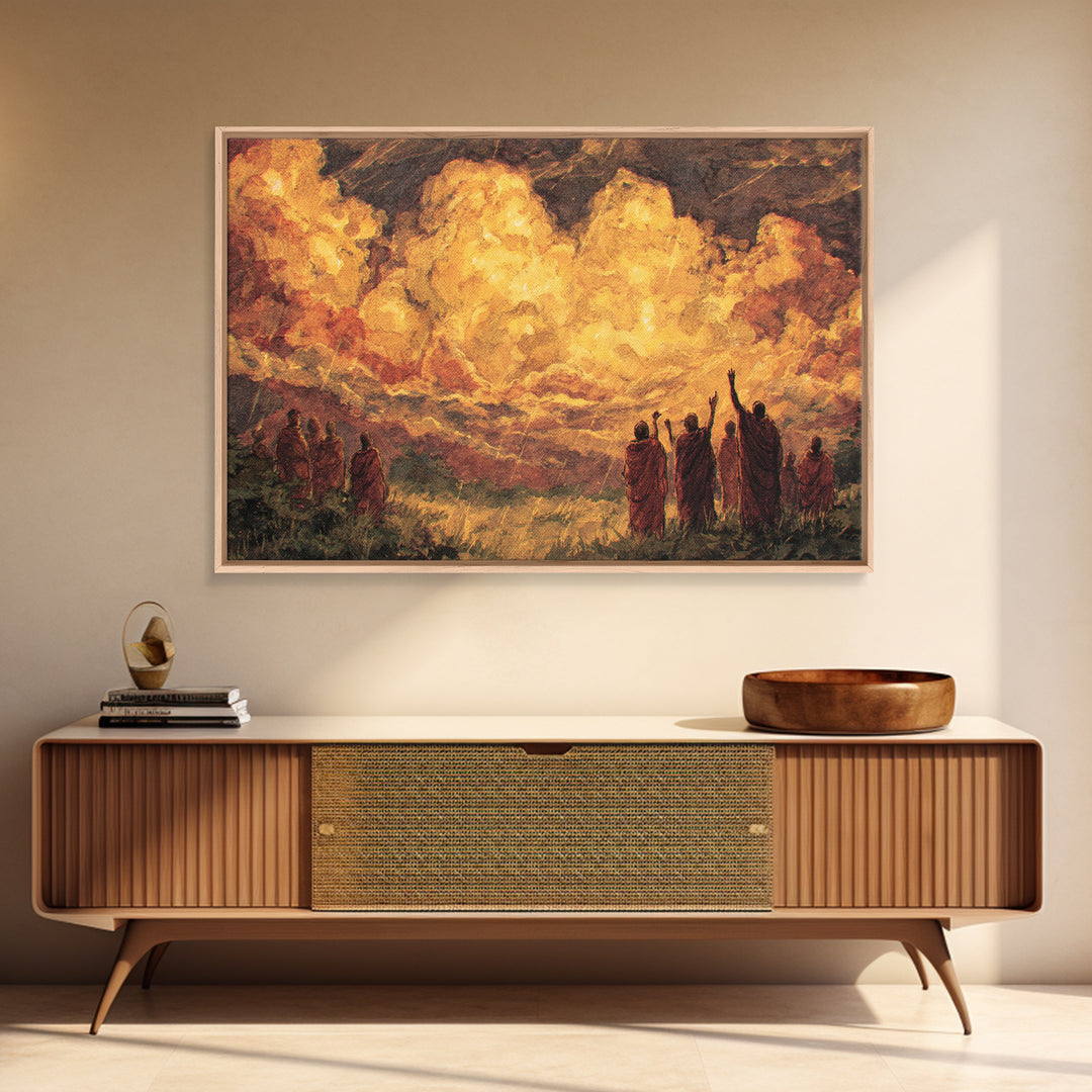 Robed Figures Before Fiery Golden Clouds Canvas Print, African Wall Art, Spiritual Landscape, Burnt Orange Home Decor Gift