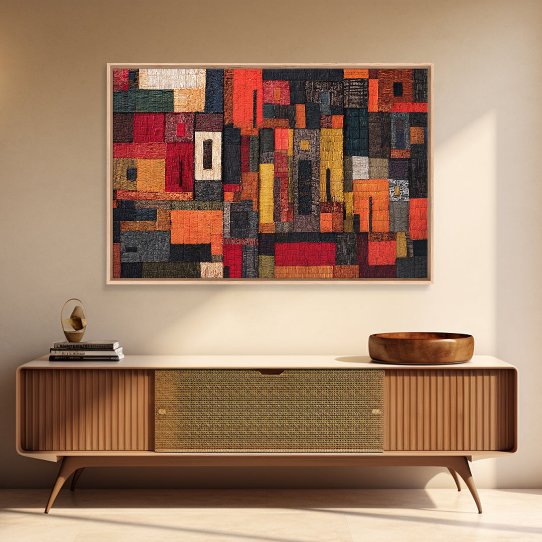 Red Black African Textile Patchwork Wall Art, Abstract African Art Print, Kuba Cloth Decor, Modern Tribal Home Decor Gift