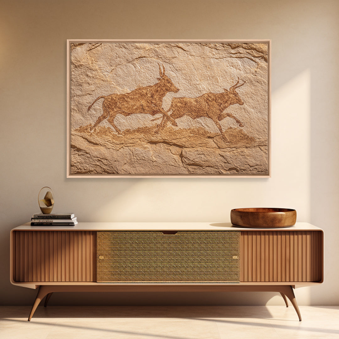 Sepia Antelope Cave Painting Canvas Print, Ancient African Art, Tribal Animal Rock Art, Neutral Safari Home Wall Decor Gift