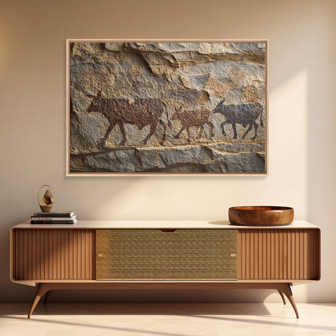 Stone Wall Herd Rock Painting Framed Canvas Print, African Animal Art, Rustic Tribal Art Decor, Cultural Home Decor Gift