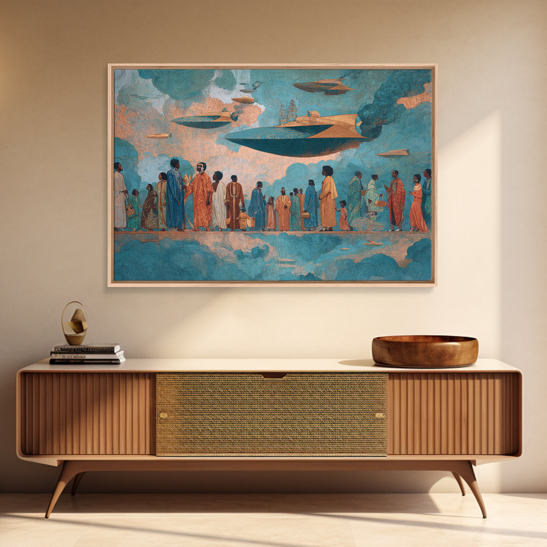 Afrofuturist Sky Procession Wall Art, Modern African Art, Black Culture Art Print, Teal Orange Contemporary Home Decor Gift
