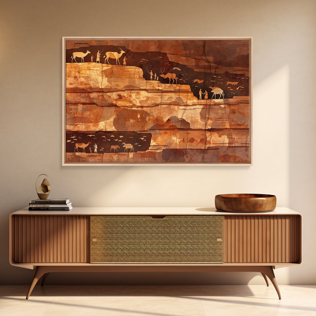 Desert Cliff Hunters And Antelope Wall Art, Ancient African Art Print, Terracotta Safari Decor, Rustic Cultural Wall Decor