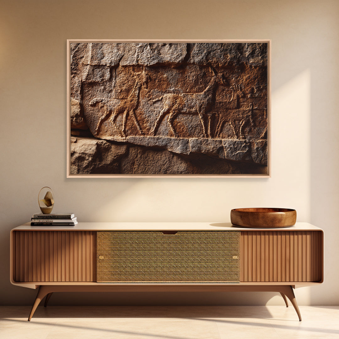 Carved Petroglyph Animal Procession Framed Canvas Print, African Tribal Art, Rustic Rock Wall Decor, Cultural Home Decor Gift