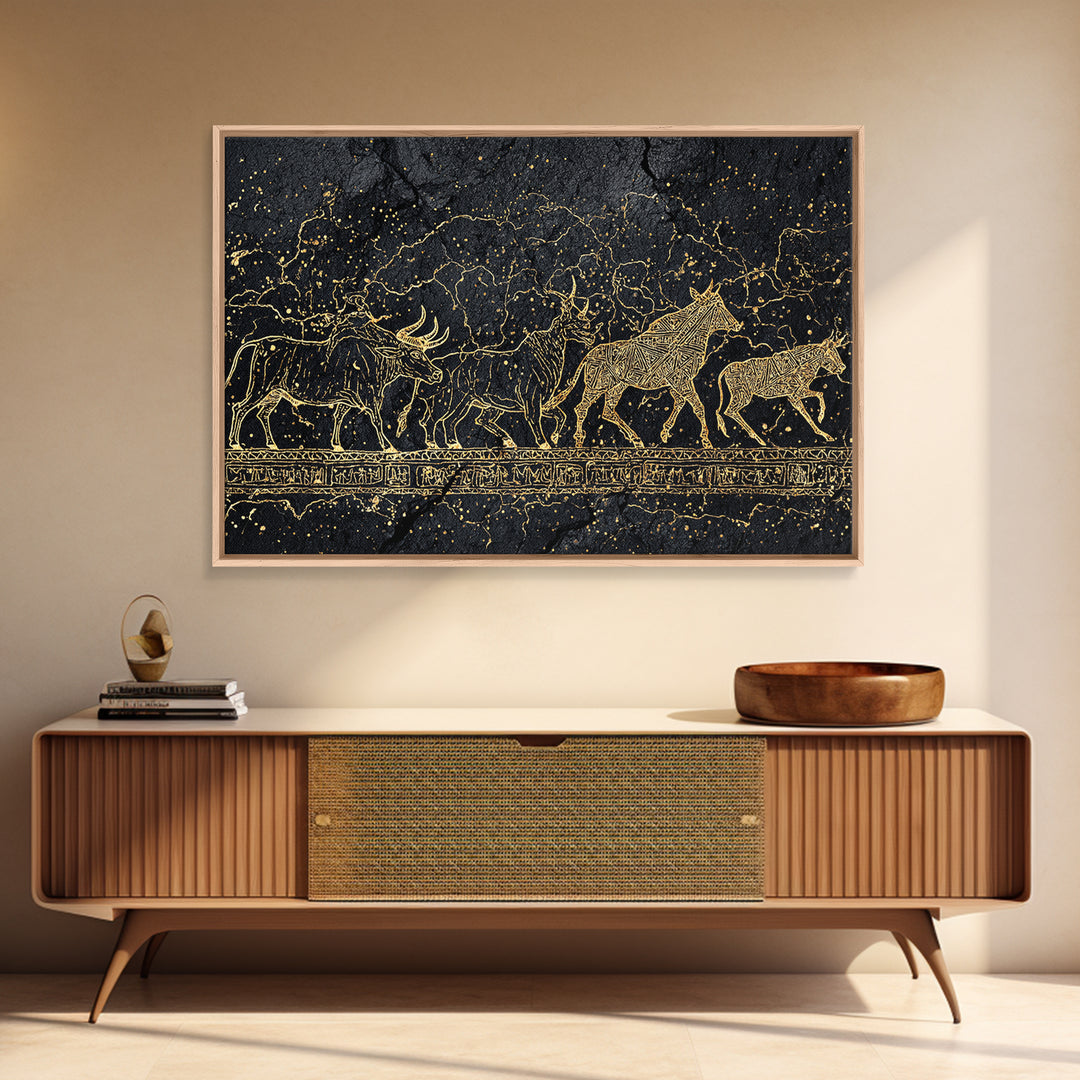 Gold Line Cattle Procession Wall Art, Black African Art, Tribal Animal Print, Luxury Canvas Decor, Modern Cultural Home Gift