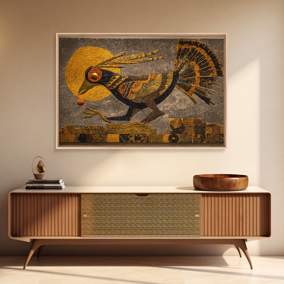 Golden Tribal Bird With Sun Wall Art, African Inspired Mosaic Canvas, Afrocentric Decor, Ethnic Pattern, Luxury Home Decor Gift