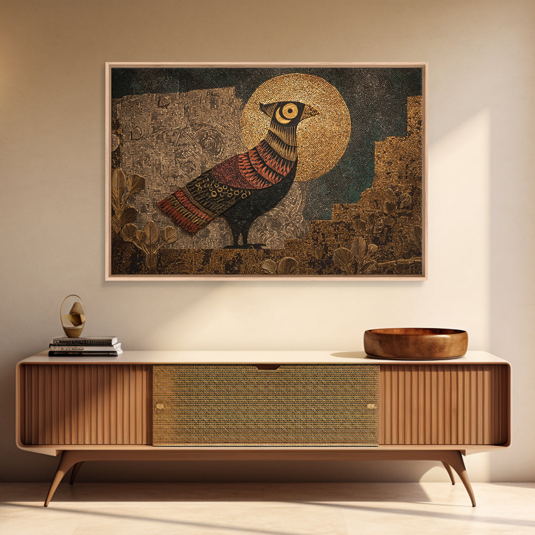 Halo Bird In Ancient Garden Wall Art, African Inspired Print, Gold Mosaic Texture, Boho Wall Decor, Ethnic Home Decor Gift