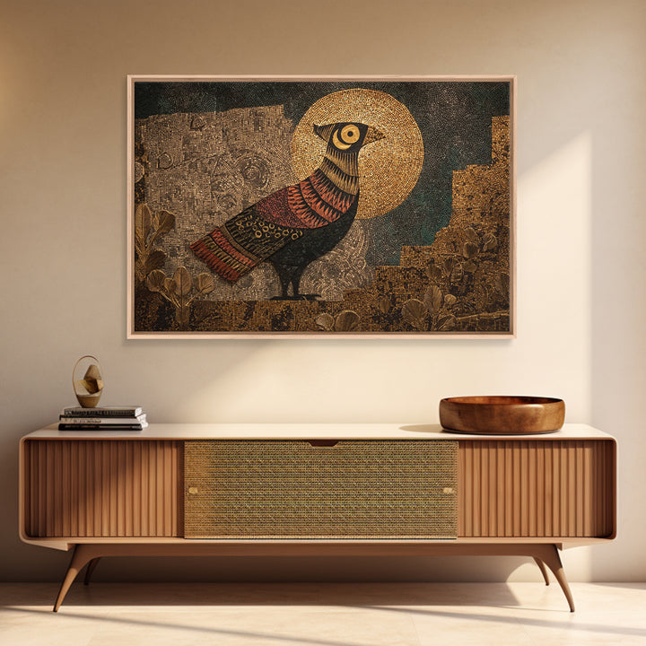 Halo Bird In Ancient Garden Wall Art, African Inspired Print, Gold Mosaic Texture, Boho Wall Decor, Ethnic Home Decor Gift