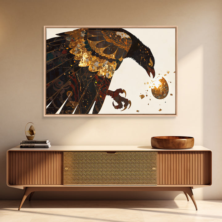 Golden Falcon Breaking Egg Canvas Print, Mythic Bird Wall Art, African Inspired Decor, Bold Contemporary Art, Unique Home Decor