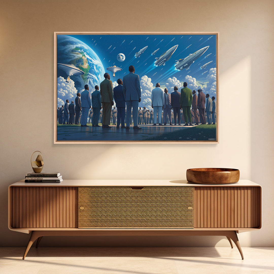 Afrofuturist Crowd Watching Spaceships Wall Art, Black Culture Art, Sci Fi African Inspired Canvas, Modern Statement Decor