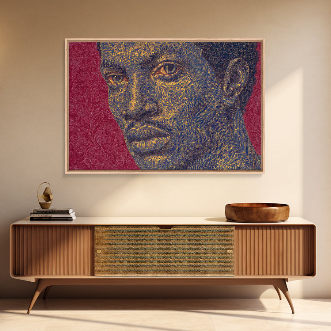 Gold Line Black Man Portrait Wall Art, African American Art, Modern Portrait Art, Magenta Background, Bold Home Decor Gift