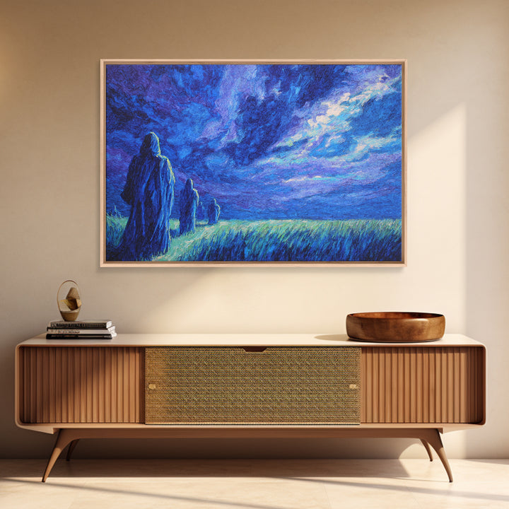 Blue Storm Pilgrims In Moonlit Grass Wall Art, African Landscape, Mystical Wall Art Print, Spiritual Home Decor Canvas Gift