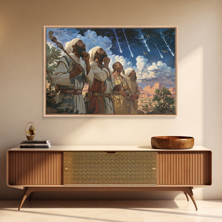 Star Gazing Prophets Beneath Meteor Sky Framed Canvas Print, African Inspired, Spiritual Wall Art, Desert Home Decor Gift