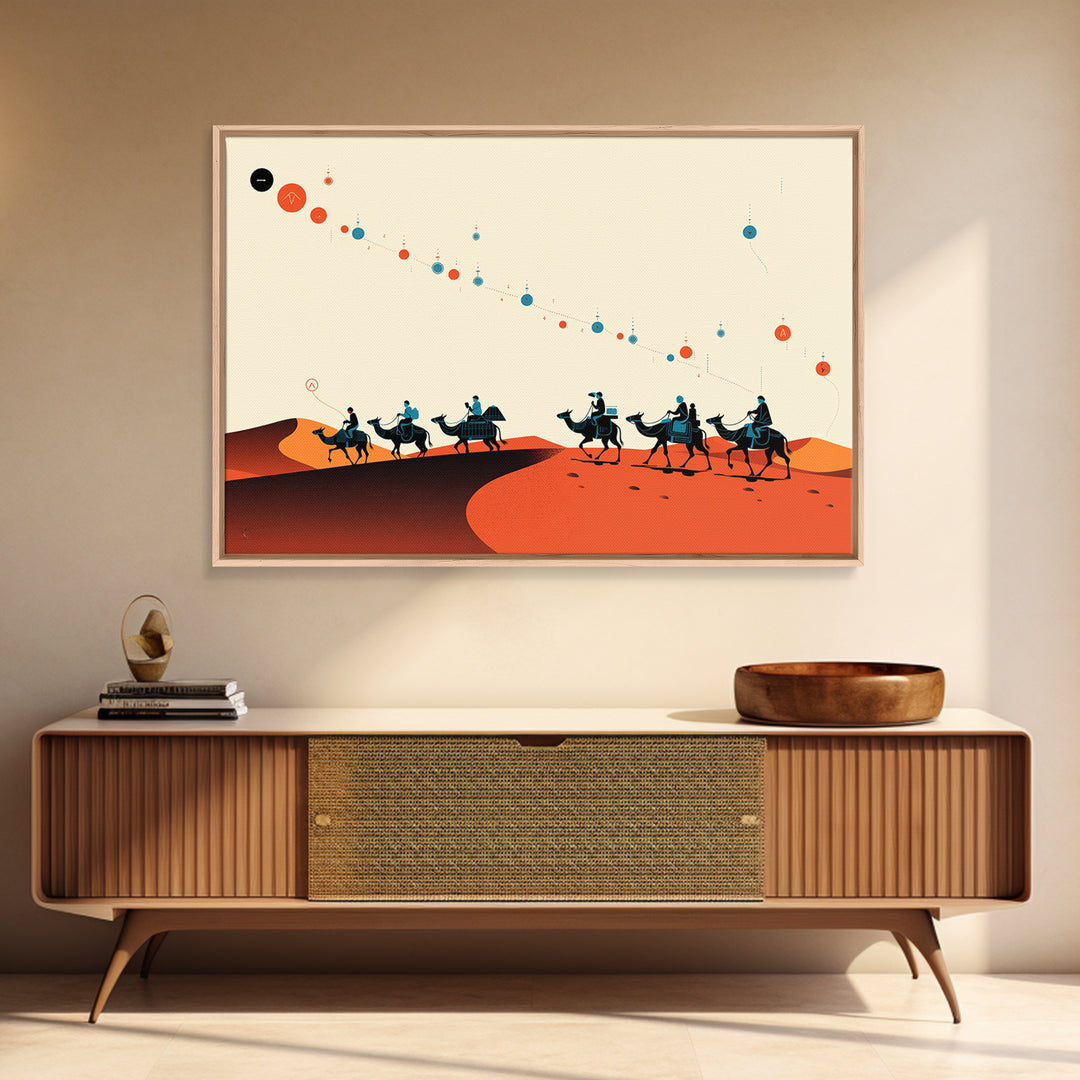 Minimal Camel Caravan Across Orange Dunes Wall Art, African Safari Art, Boho Desert Decor, Travel Poster Canvas Print Gift
