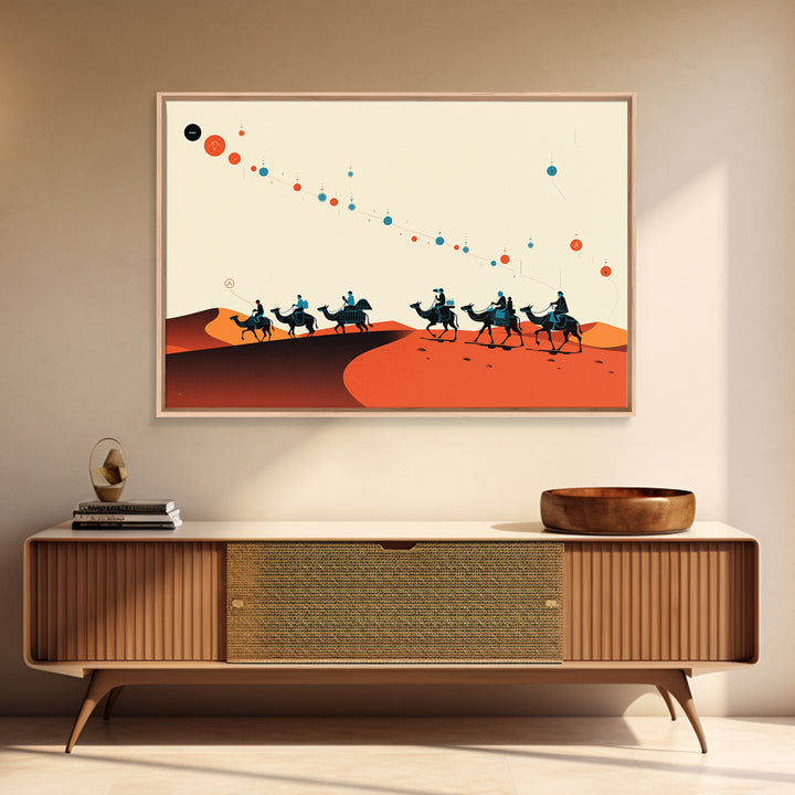 Minimal Camel Caravan Across Orange Dunes Wall Art, African Safari Art, Boho Desert Decor, Travel Poster Canvas Print Gift