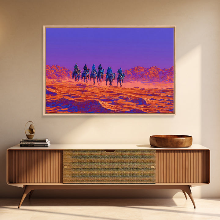 Violet Desert Riders Across Neon Dunes Wall Art, African Warrior Art, Vibrant Safari Decor, Modern Canvas Print Gift For Him