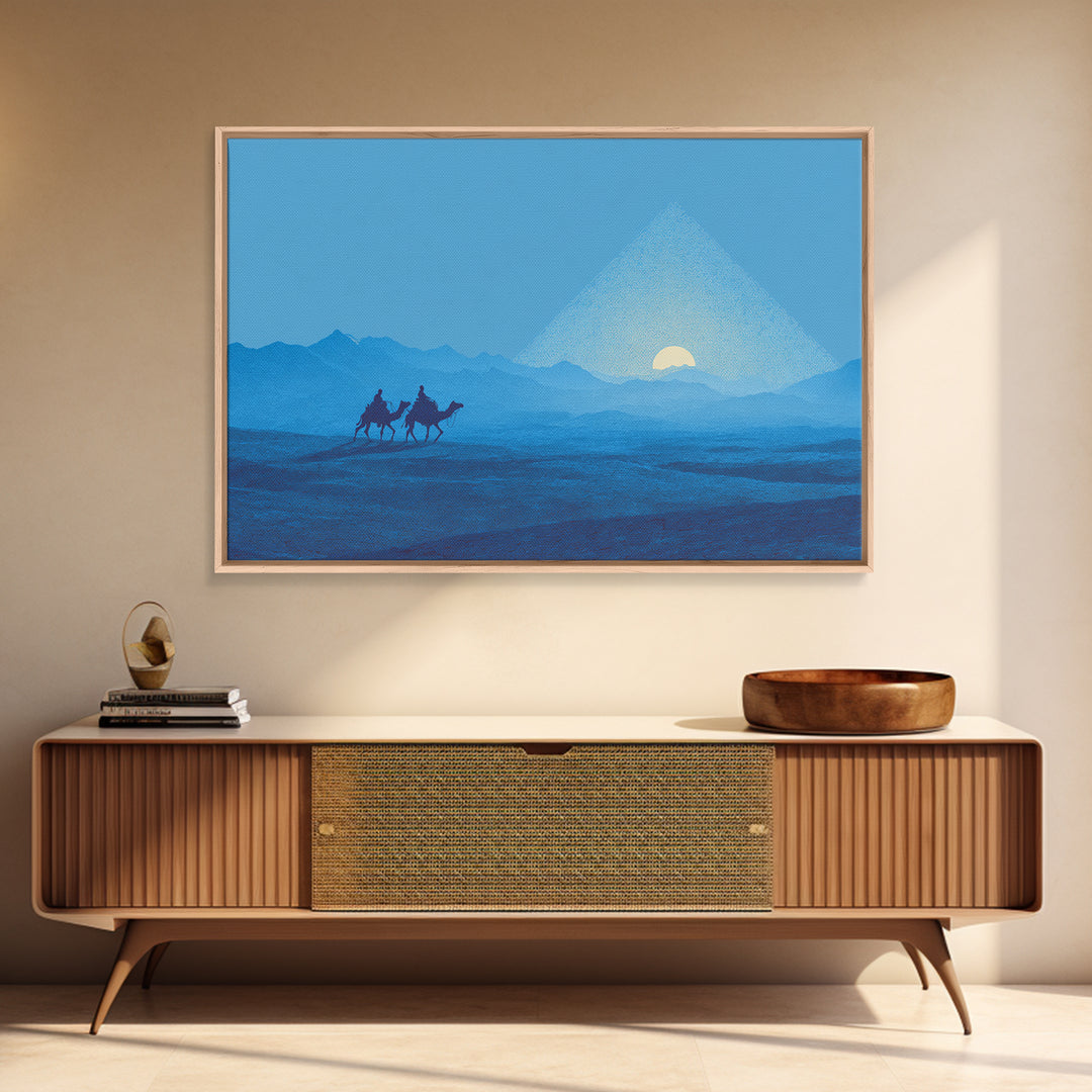Blue Pyramid Camel Caravan At Sunrise Wall Art, African Egyptian Art, Minimalist Desert Poster, Travel Canvas Print Home Decor