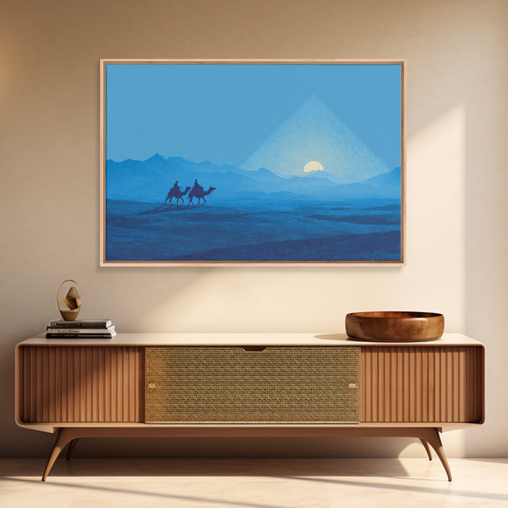 Blue Pyramid Camel Caravan At Sunrise Wall Art, African Egyptian Art, Minimalist Desert Poster, Travel Canvas Print Home Decor
