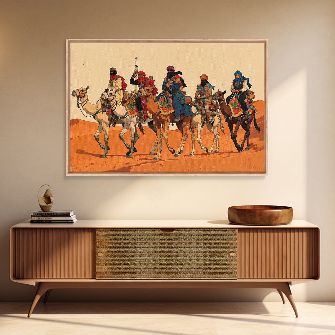 Tuareg Camel Caravan In Sahara Desert Wall Art, African Warrior Art, African Safari Decor, Boho Living Room Canvas Print