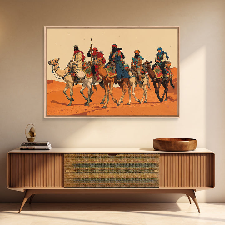 Tuareg Camel Caravan In Sahara Desert Wall Art, African Warrior Art, African Safari Decor, Boho Living Room Canvas Print