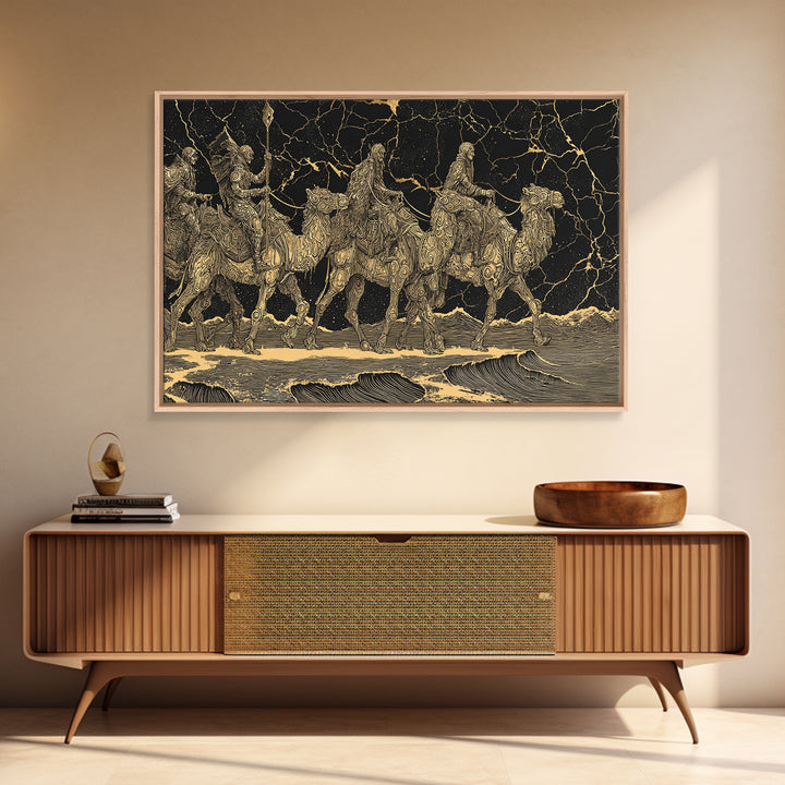 Gold Engraved Camel Caravan On Black Stone Wall Art, African Art Print, Desert Travel Decor, Luxury Canvas Print For Office Decor