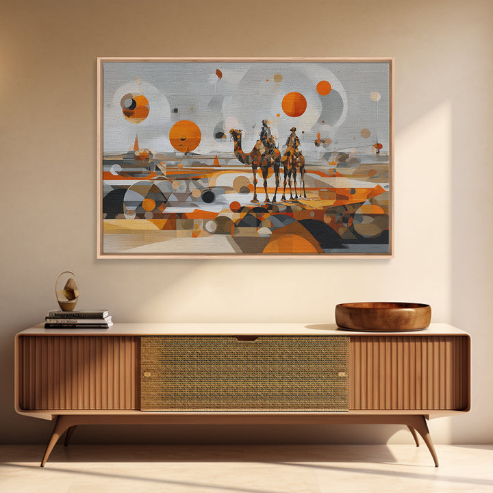 Abstract Geometric Camel Caravan In Orange Desert Wall Art, Modern African Art, Boho Living Room Decor, Canvas Print Gift