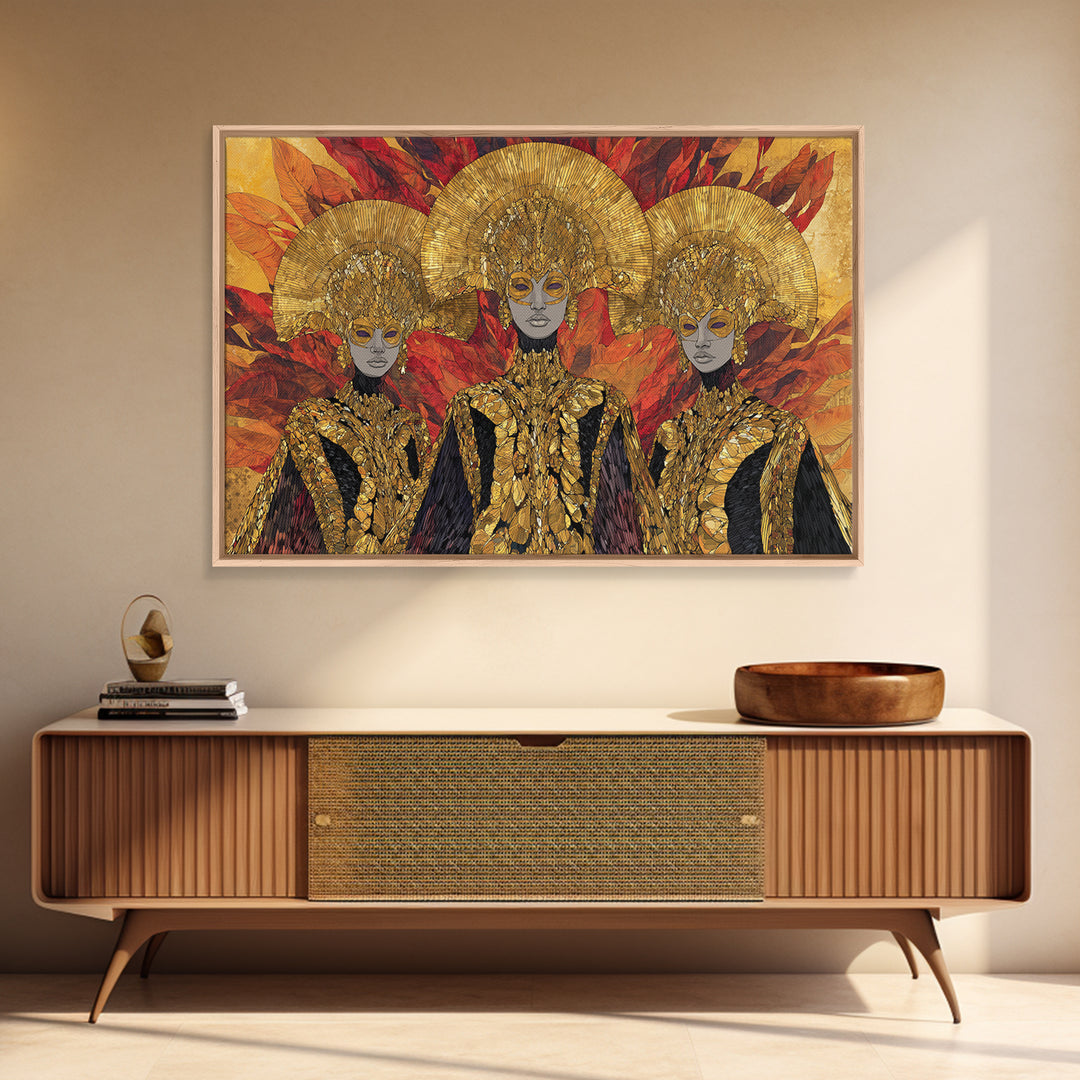 Three Golden African Queens With Leaf Crowns Wall Art, Black Woman Art, Afrocentric Decor, Luxury Framed Canvas Print Gift