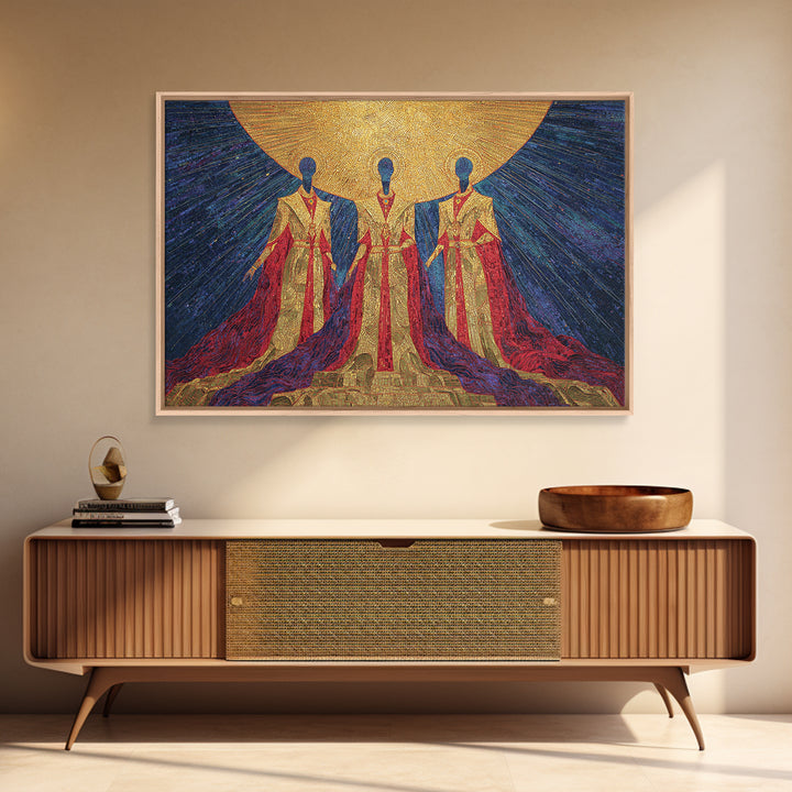 Celestial African Trinity Under Golden Sun Wall Art, Spiritual Afrocentric Art, Black Goddess Decor, Framed Canvas Print