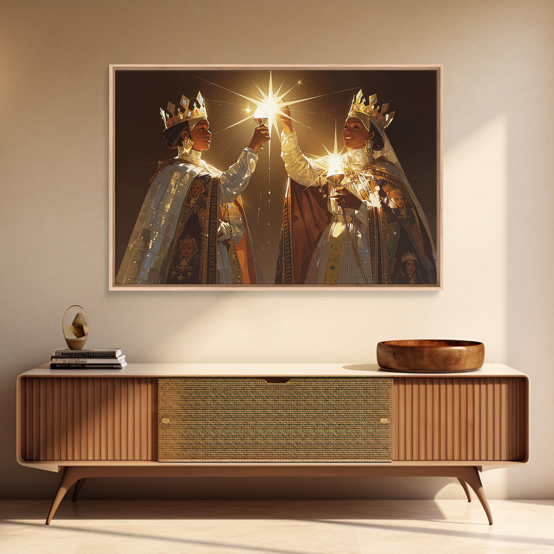 Two Crowned African Queens Toasting Starlight Wall Art, Black Women Art, Elegant Gold Decor, Premium Canvas Print For Her