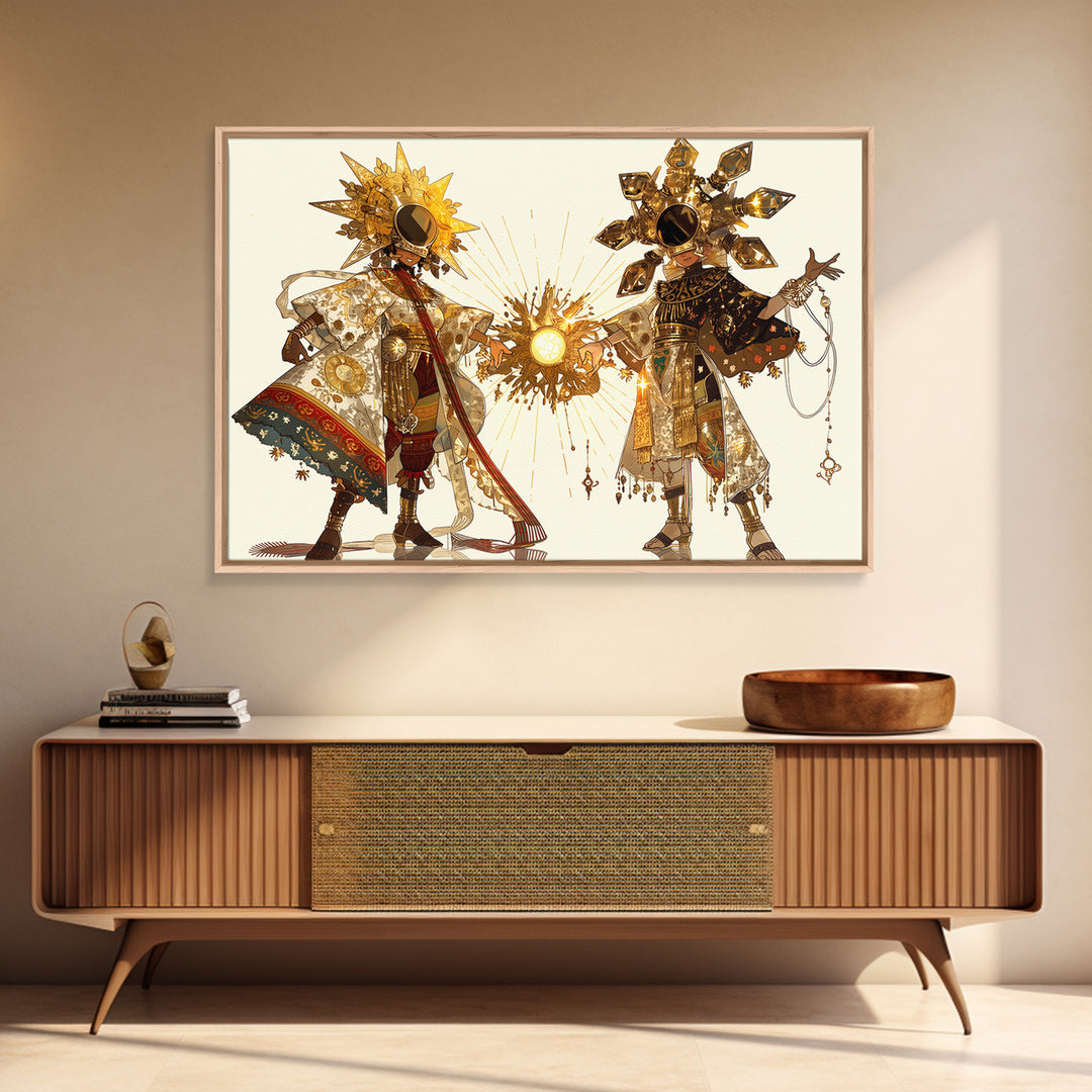 Sun And Moon African Deities In Ornate Gold Costumes Wall Art, Afrocentric Art, Spiritual Decor, Framed Canvas Print Gift