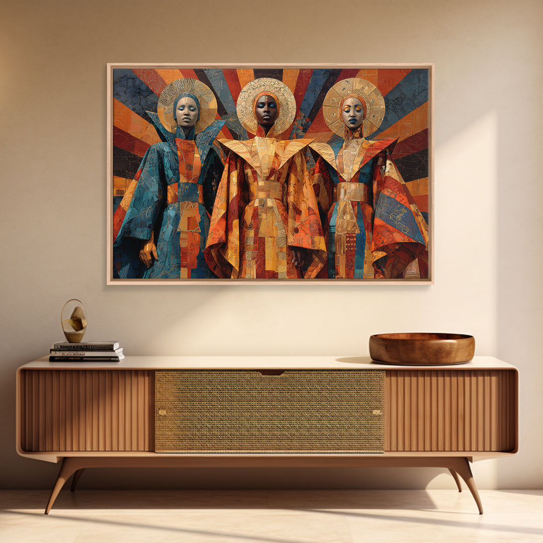 Afrofuturist African Queens In Geometric Robes Wall Art, Modern Black Art, Cultural Home Decor, Framed Canvas Print Gift
