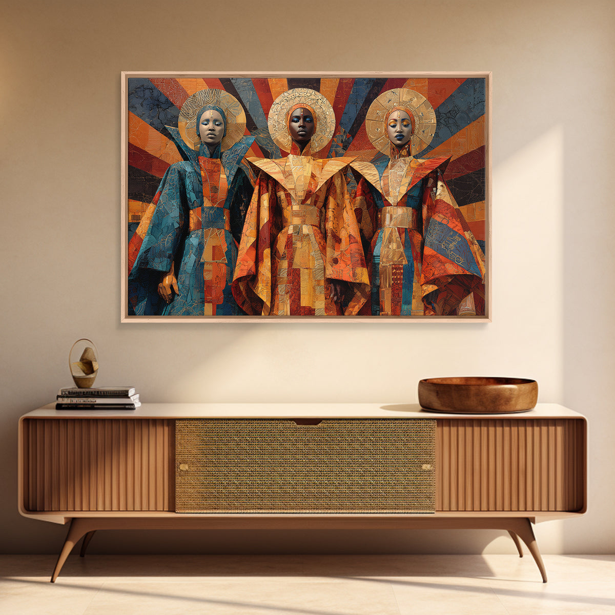 Afrofuturist African Queens In Geometric Robes Wall Art, Modern Black Art, Cultural Home Decor, Framed Canvas Print Gift