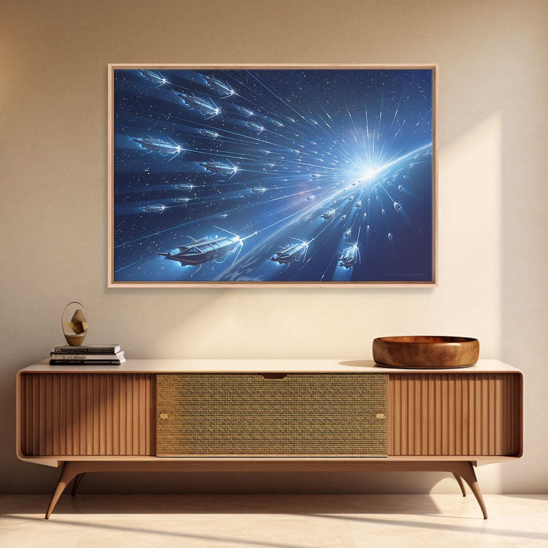 Blue Starship Fleet Racing Toward Sunrise Wall Art, Afrofuturism Decor, Sci Fi Space Art, Modern Canvas Print For Office Decor