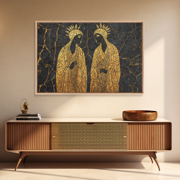 Gold Mosaic Sacred African Figures On Black Stone Wall Art, Spiritual Wall Decor, Black And Gold Art, Framed Canvas Print