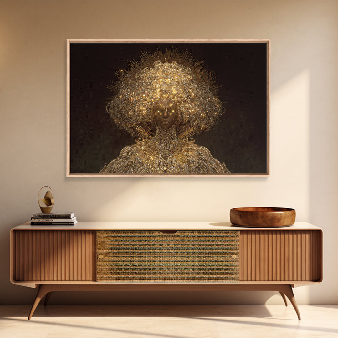 Golden Halo African Queen Portrait, Ornate Black Goddess Wall Art, Afrocentric Decor, Luxury Canvas, Black Beauty Gift Print