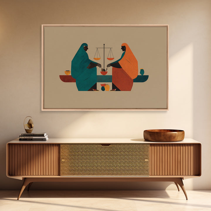 Minimalist African Women Sharing Bowls, Balance Scales Wall Art, Boho Afrocentric Decor, Cultural Canvas Print Gift For Her