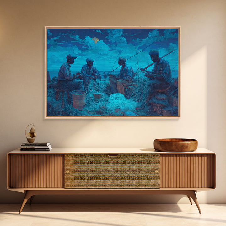 Moonlit African Fishermen Mending Nets, Blue Coastal Wall Art, Afrocentric Painting, Cultural Decor, Fishing Village Print