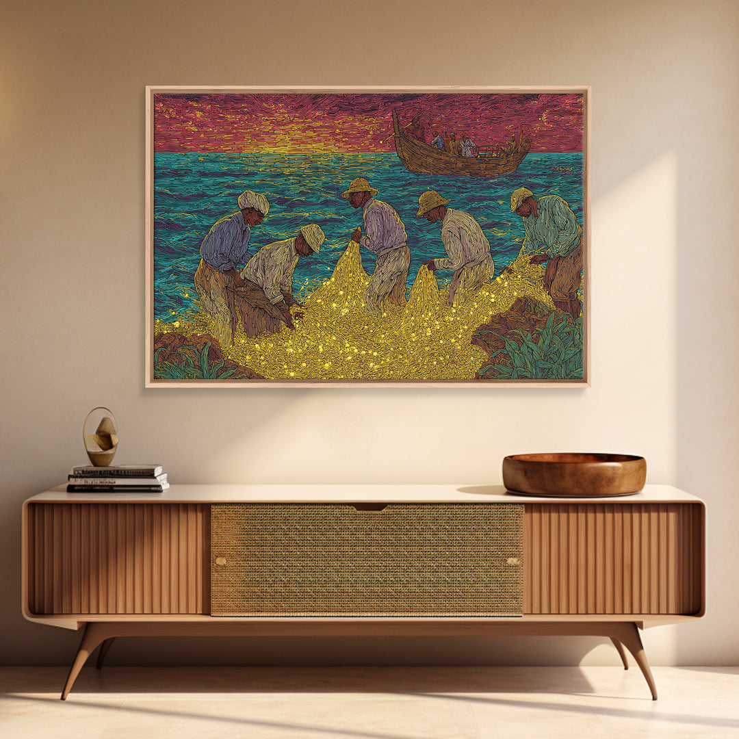 Golden Net Fishermen At Vibrant Sunset, African Wall Art, Coastal Canvas Print, Colorful Cultural Decor, Fishing Village
