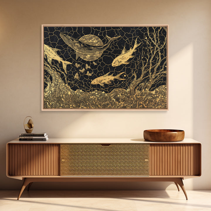 Gold Fish And Whale Underwater Scene, Black And Gold Wall Art, Ocean Canvas Print, Mystical Nature Decor, Unique Gift For Home