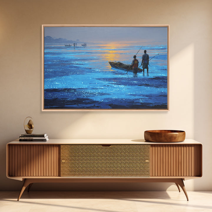 Blue Dawn Fishermen With Boat On Shimmering Water, African Wall Art, Coastal Canvas Print, Serene Living Room Decor Gift